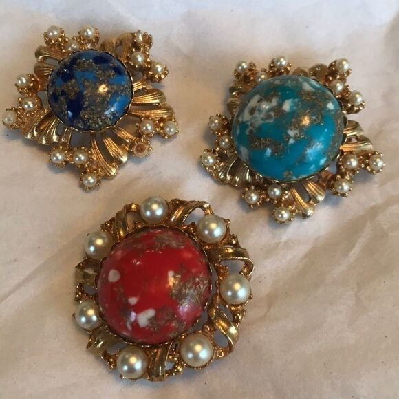 Set of Three Vintage Marble Summer Brooches - Picture 1 of 4